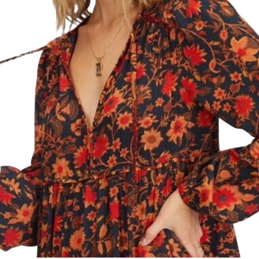 Billabong hearts desire slowly long sleeve mini dress black brown red floral - Picture 4 of 11